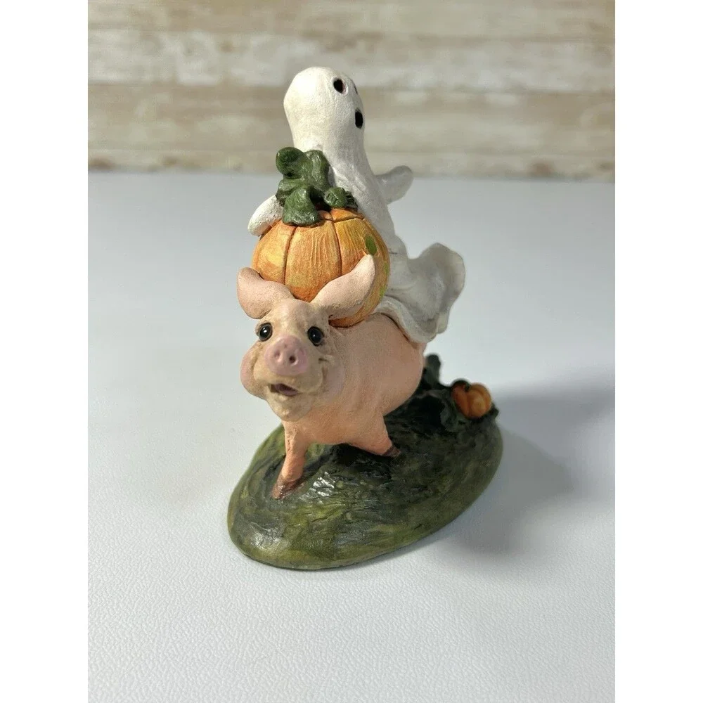 Pete Apsit Ghost Jack o’Lantern Pumpkin Riding Pig Halloween Figurine 1992 Vtg